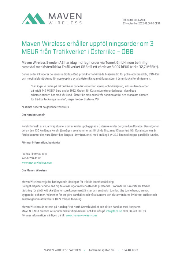 Maven Wireless erhåller uppföljningsorder om 3 MEUR från Trafikverket i Österrike – ÖBB