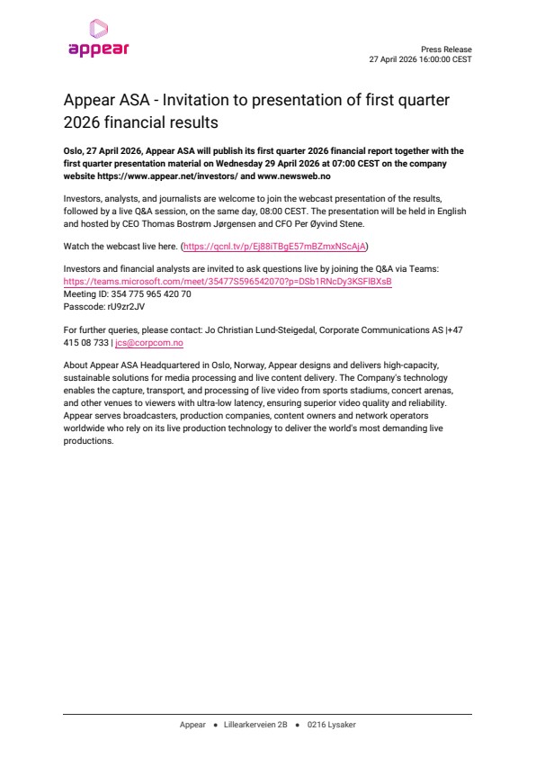 appear asa invitation to presentation of first quarter 2026 financial results