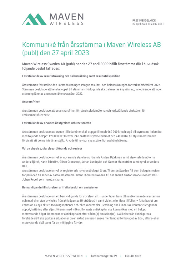 Kommuniké från årsstämma i Maven Wireless AB (publ) den 27 april 2023
