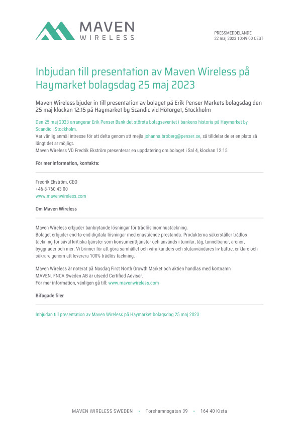 Inbjudan till presentation av Maven Wireless på Haymarket bolagsdag 25 maj 2023