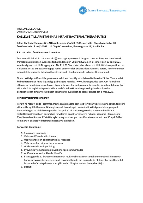 Kallelse till årsstämma i Infant Bacterial Therapeutics