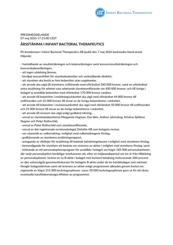 Årsstämma i Infant Bacterial Therapeutics