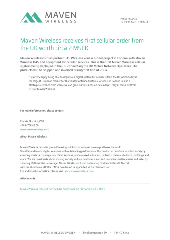 Maven Wireless receives first cellular order from the UK worth circa 2 MSEK