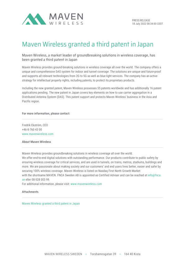 Maven Wireless granted a third patent in Japan