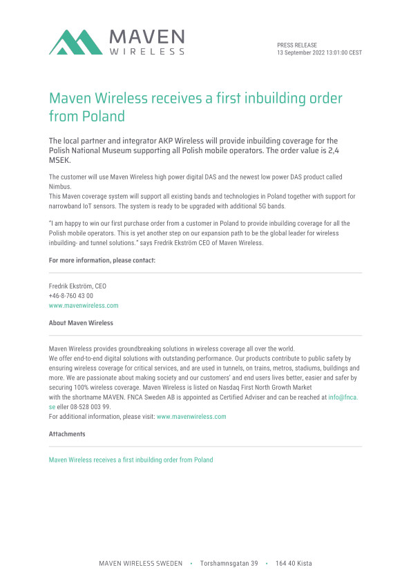 Maven Wireless receives a first inbuilding order from Poland