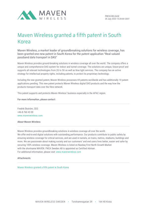Maven Wireless granted a fifth patent in South Korea