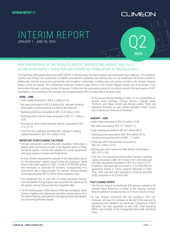 Interim Report for the Period January 1 – June 30, 2024 | Climeon