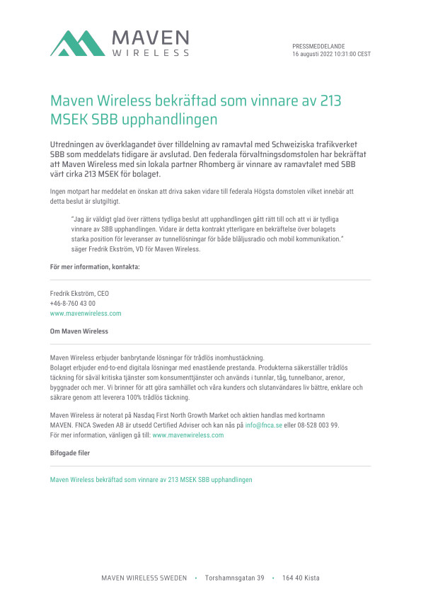 Maven Wireless bekräftad som vinnare av 213 MSEK SBB upphandlingen