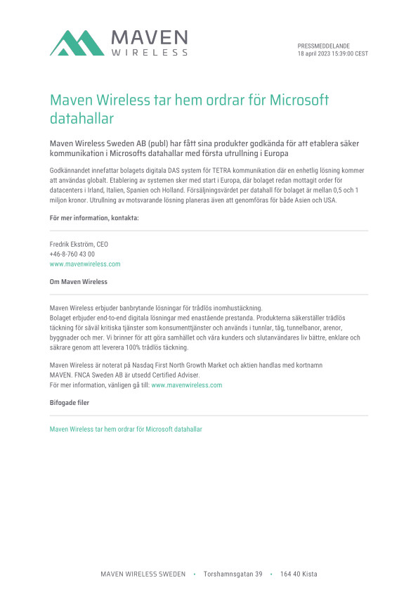Maven Wireless tar hem ordrar för Microsoft datahallar