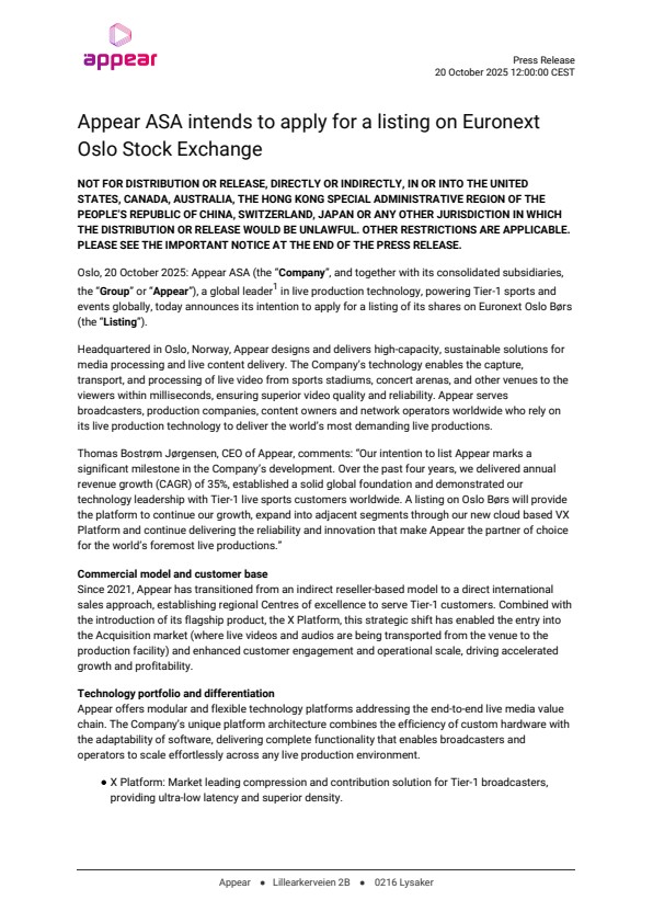 appear asa intends to apply for a listing on euronext oslo stock