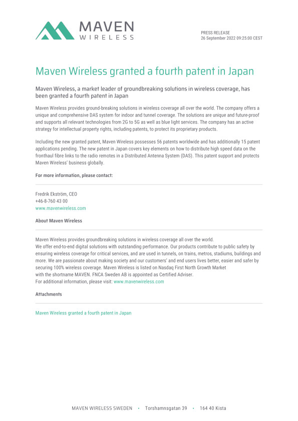Maven Wireless granted a fourth patent in Japan