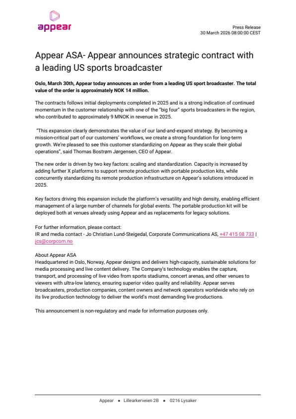 appear asa appear announces strategic contract with a leading us sports broadcaster