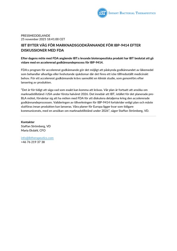 IBT byter väg för marknadsgodkännande för IBP-9414 efter diskussioner med FDA