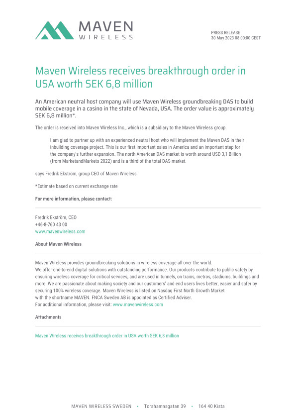 Maven Wireless receives breakthrough order in USA worth SEK 6,8 million
