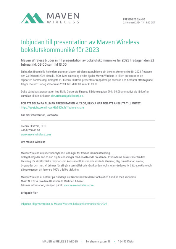 Inbjudan till presentation av Maven Wireless bokslutskommuniké för 2023