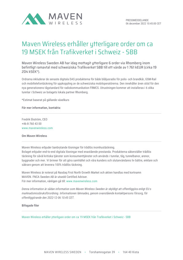 Maven Wireless erhåller ytterligare order om ca 19 MSEK från Trafikverket i Schweiz - SBB