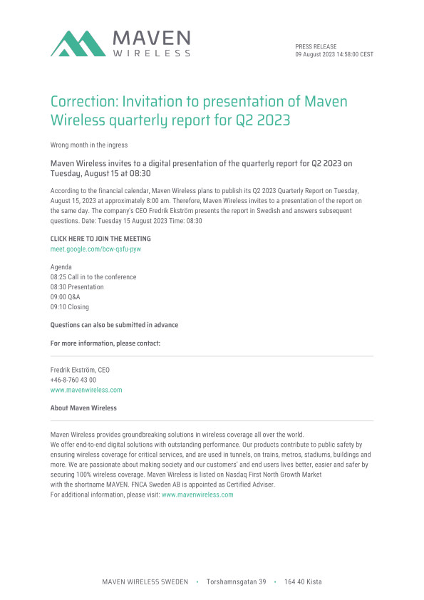 Correction: Invitation to presentation of Maven Wireless quarterly report for Q2 2023