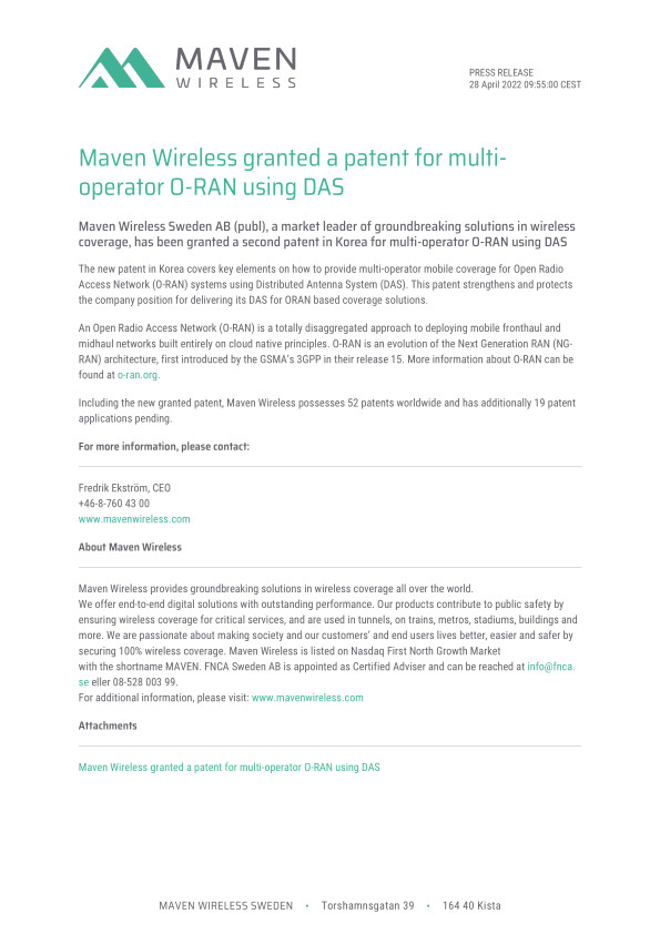 Maven Wireless granted a patent for multi-operator O-RAN using DAS
