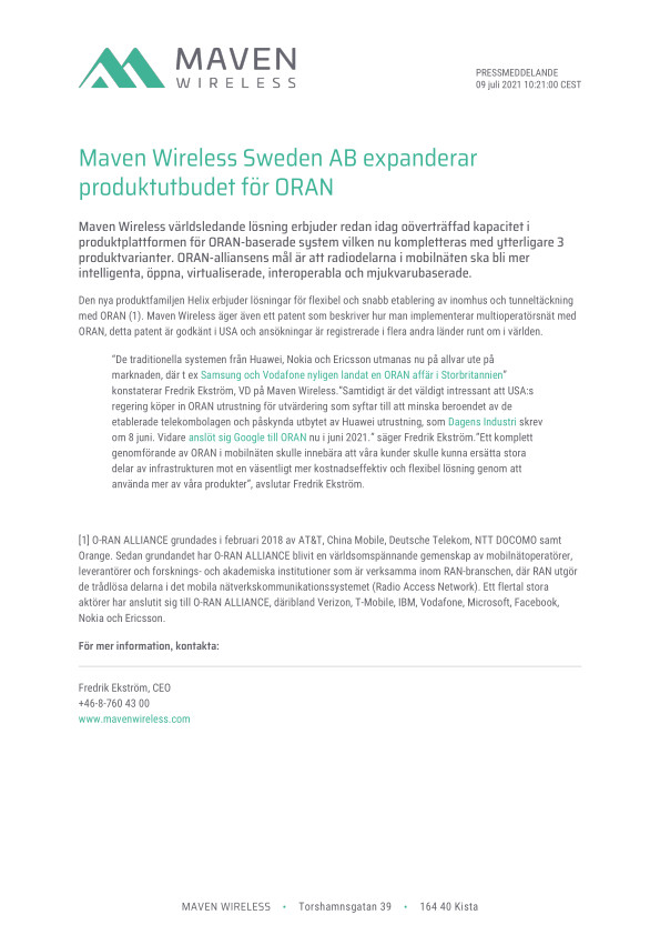 Maven Wireless Sweden AB expanderar produktutbudet för ORAN