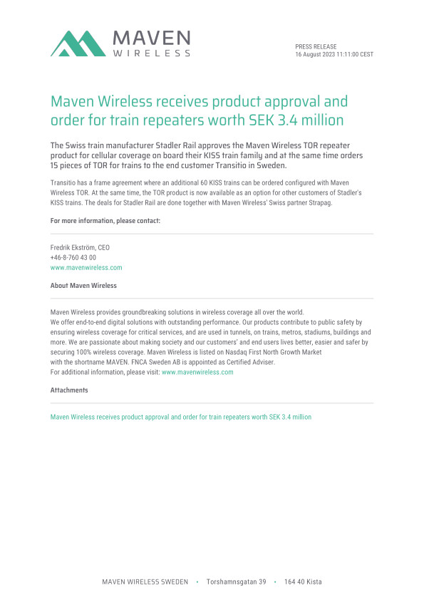Maven Wireless receives product approval and order for train repeaters worth SEK 3.4 million