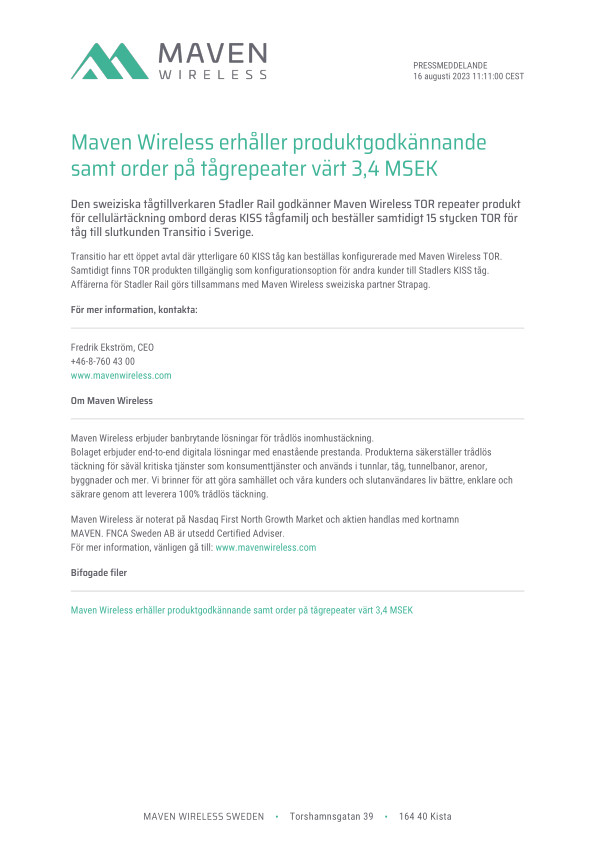 Maven Wireless erhåller produktgodkännande samt order på tågrepeater värt 3,4 MSEK