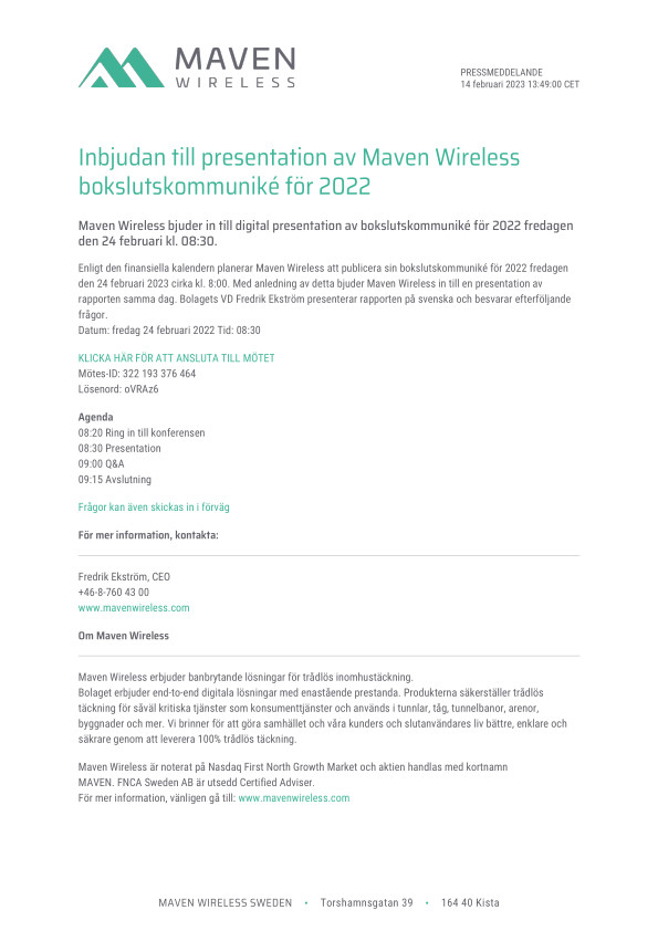 Inbjudan till presentation av Maven Wireless bokslutskommuniké för 2022