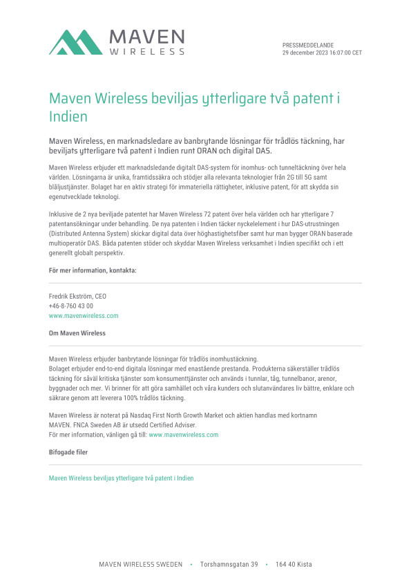 Maven Wireless beviljas ytterligare två patent i Indien