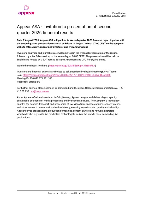 appear asa invitation to presentation of second quarter 2026 financial results
