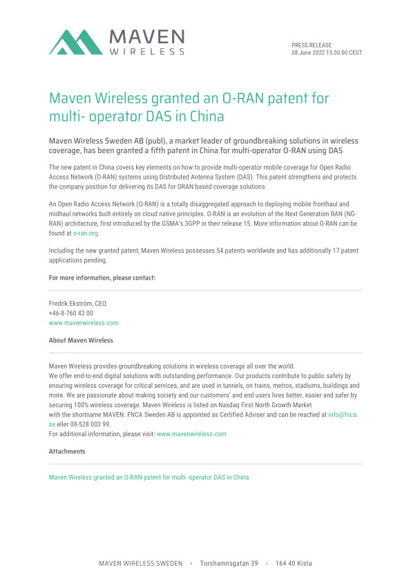 Maven Wireless granted an O-RAN patent for multi- operator DAS in China