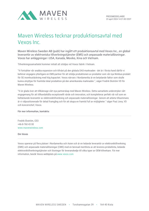 Maven Wireless tecknar produktionsavtal med Vexos Inc.