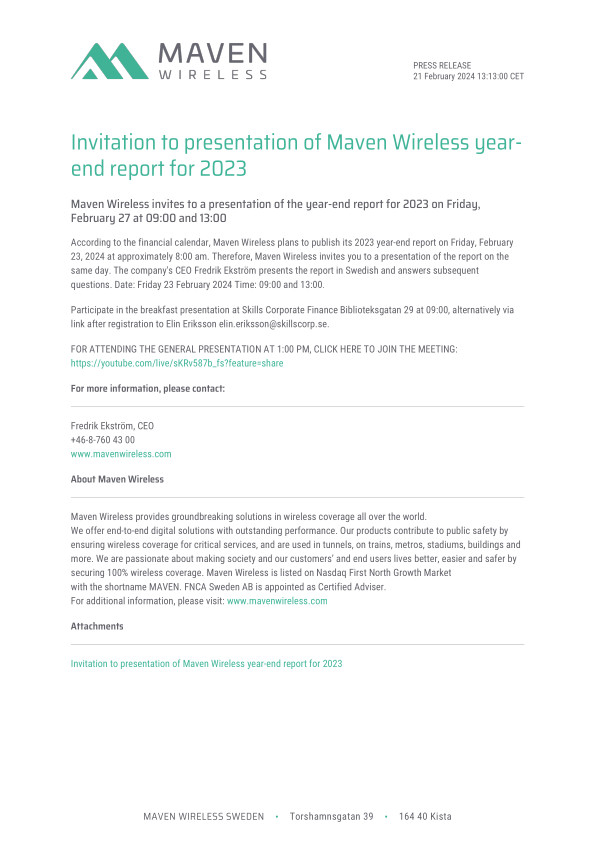Invitation to presentation of Maven Wireless year-end report for 2023