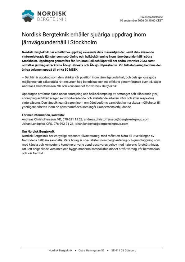 nordisk bergteknik erhaller sjuariga uppdrag inom jarnvagsunderhall i stockholm