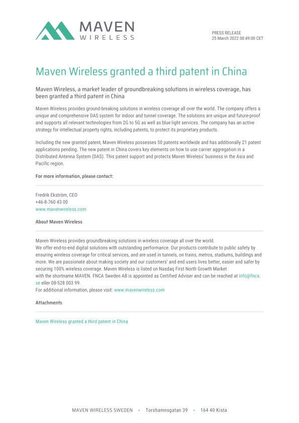 Maven Wireless granted a third patent in China