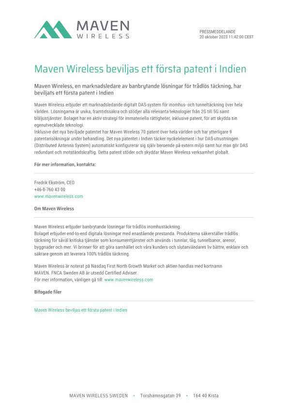 Maven Wireless beviljas ett första patent i Indien