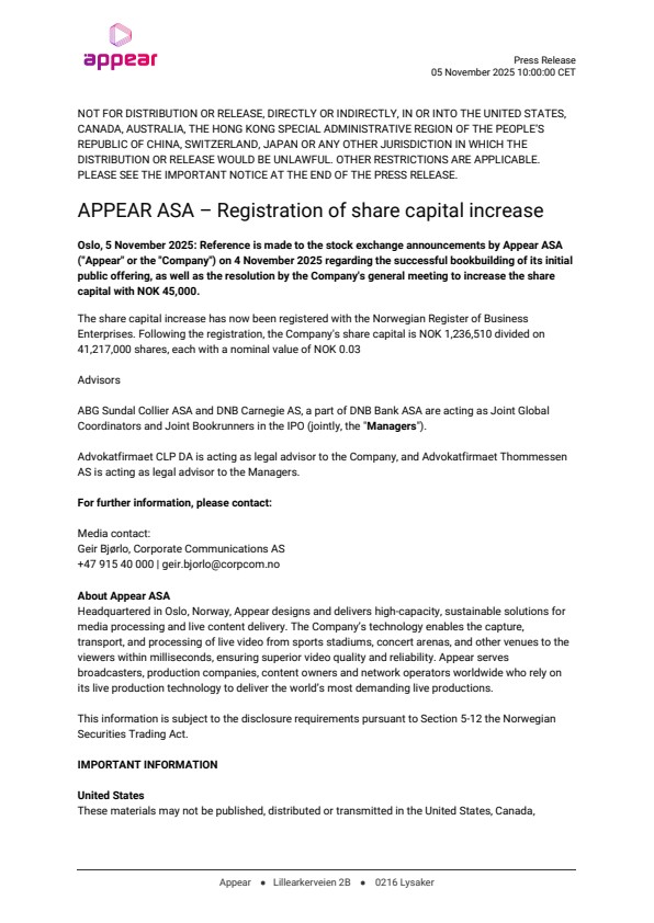 appear asa registration of share capital increase