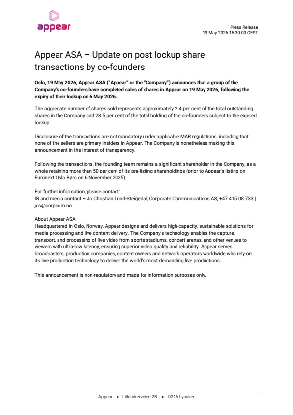 appear asa update on post lockup share transactions by co founders
