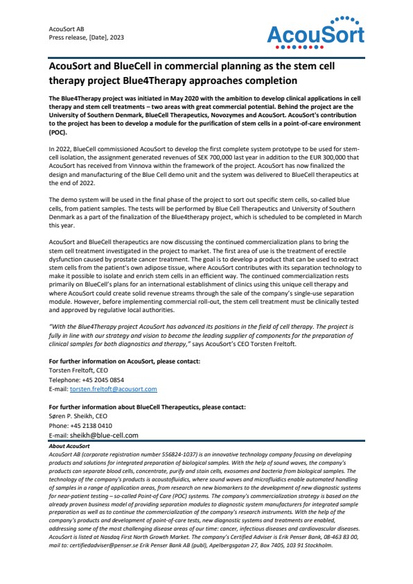 AcouSort and BlueCell in commercial planning as the stem cell therapy ...