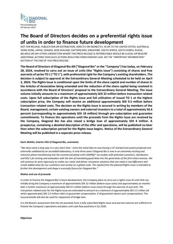 The Board of Directors decides on a preferential rights issue of units ...