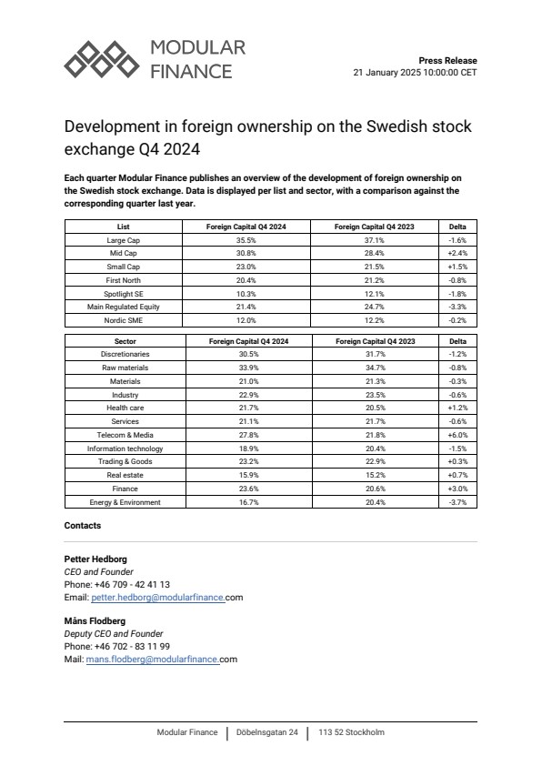 development in foreign ownership on the swedish stock exchange q4 2024