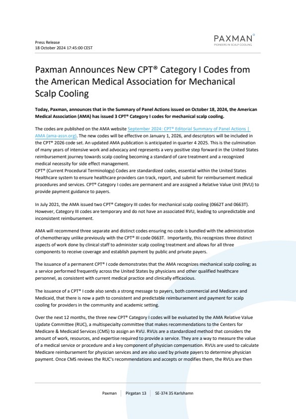 Paxman Announces New CPT® Category I Codes from the American Medical