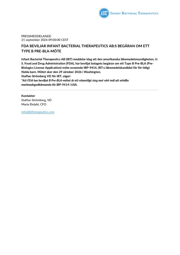 FDA beviljar Infant Bacterial Therapeutics AB:s begäran om ett Type B Pre-BLA-möte