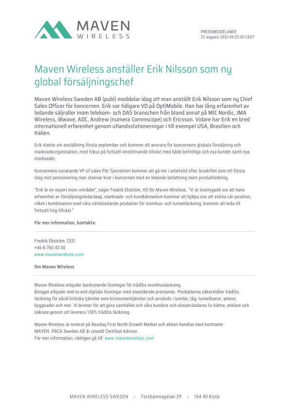 Maven Wireless anställer Erik Nilsson som ny global försäljningschef