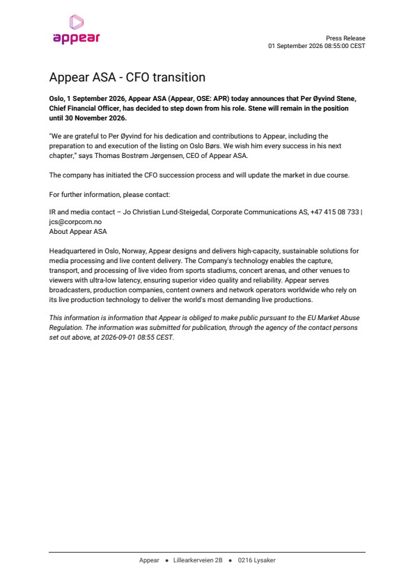 appear asa cfo transition