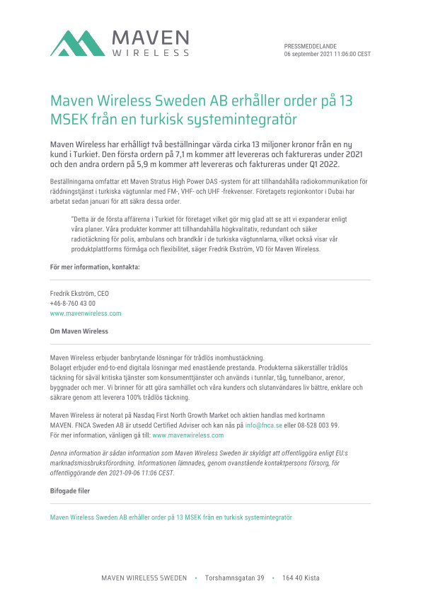 Maven Wireless Sweden AB erhåller order på 13 MSEK från en turkisk systemintegratör