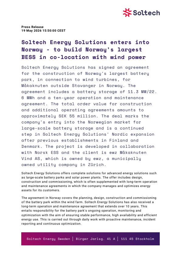 Soltech Energy Solutions enters into Norway - to build Norway’s largest ...