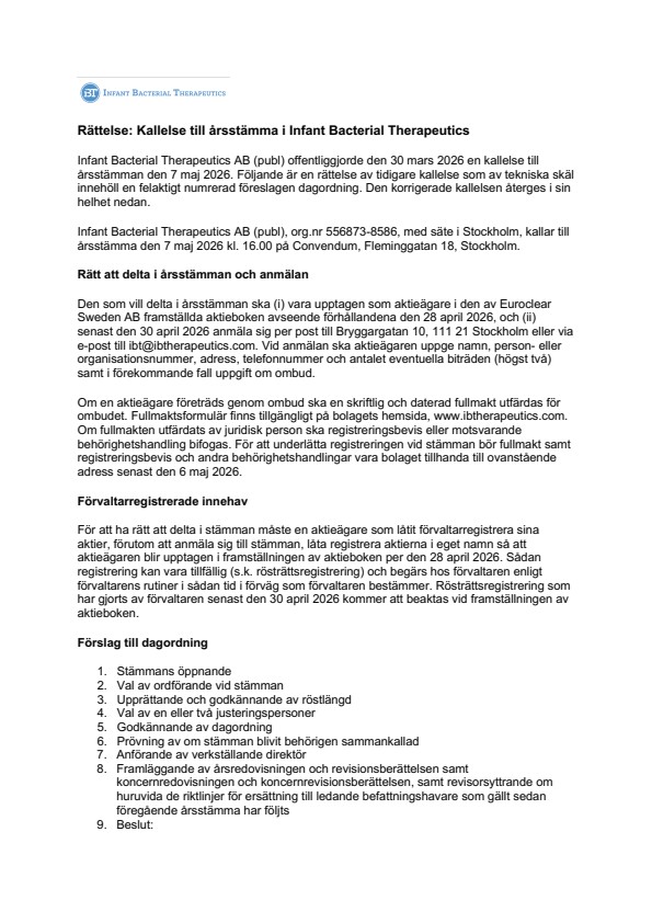 Rättelse: Kallelse till årsstämma i Infant Bacterial Therapeutics