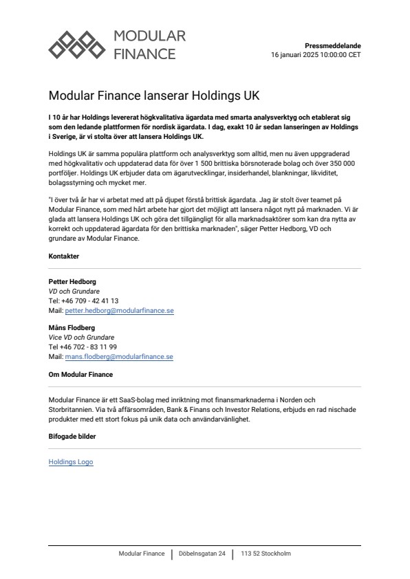 modular finance lanserar holdings uk