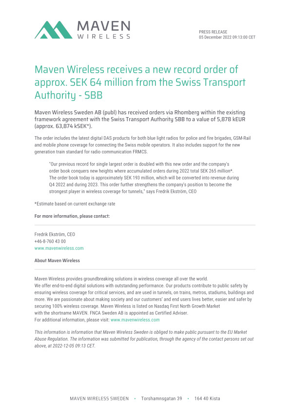 Maven Wireless receives a new record order of approx. SEK 64 million from the Swiss Transport Authority - SBB