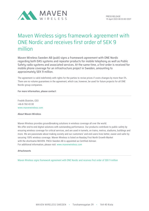 Maven Wireless signs framework agreement with ONE Nordic and receives first order of SEK 9 million