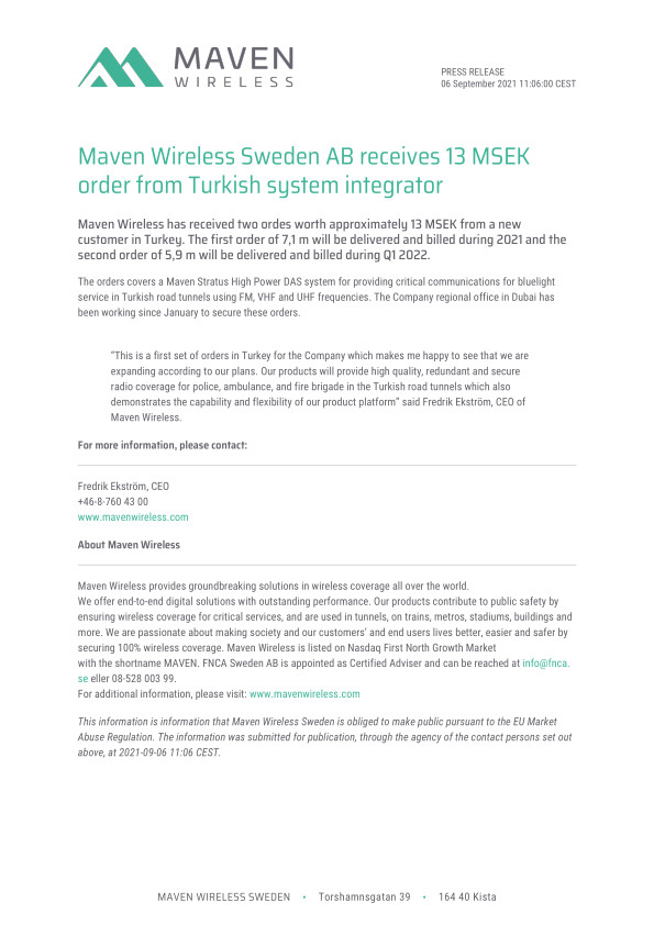 Maven Wireless Sweden AB receives 13 MSEK order from Turkish system integrator